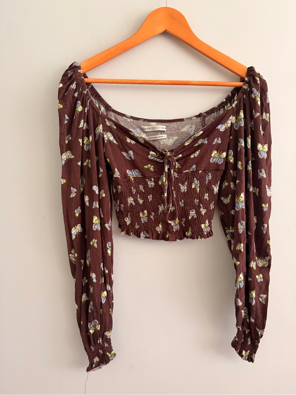 Urban Outfitters Brown Butterfly Smocked Off-Shoulder Crop Top